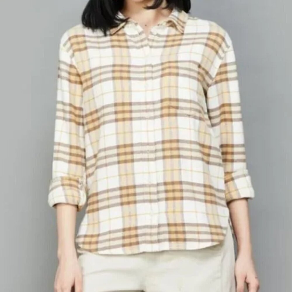 AMERICAN EAGLE Button Down Flannel Shirt Yellow Brown Plaid Size Large
